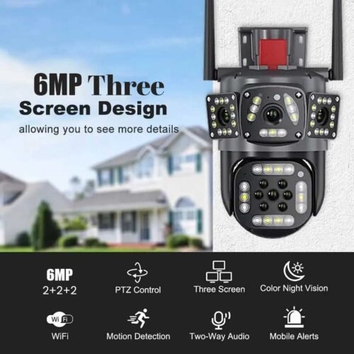 SPEED-X PTZ WIFI OUTDOOR SECURITY 3 CAMERA LENS, 3 SCREEN, COLOR NIGHT VISION AUTO TRACKING, WATERPROOF, (2+2+2) 6MP WITH V380 PRO APP